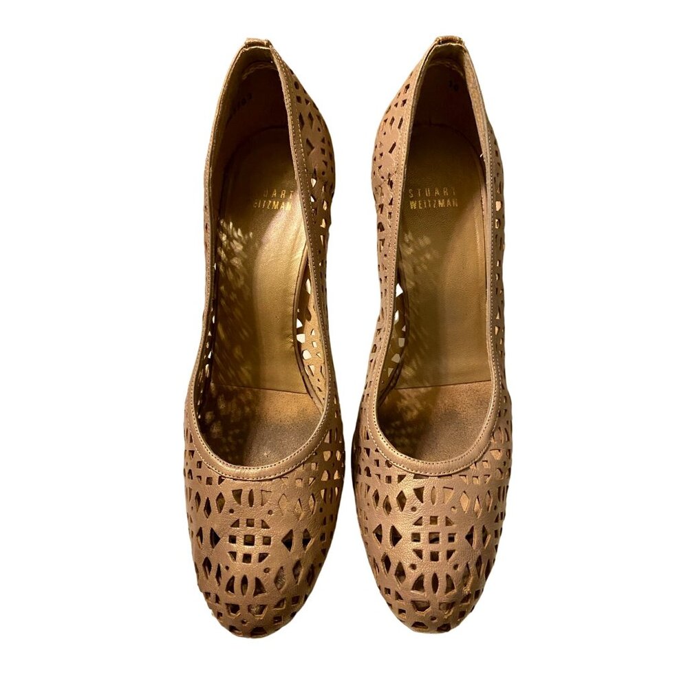 Stuart Weitzman Laser Cut Leather Platform Pumps Women 10 Gold Heels Shoes Italy